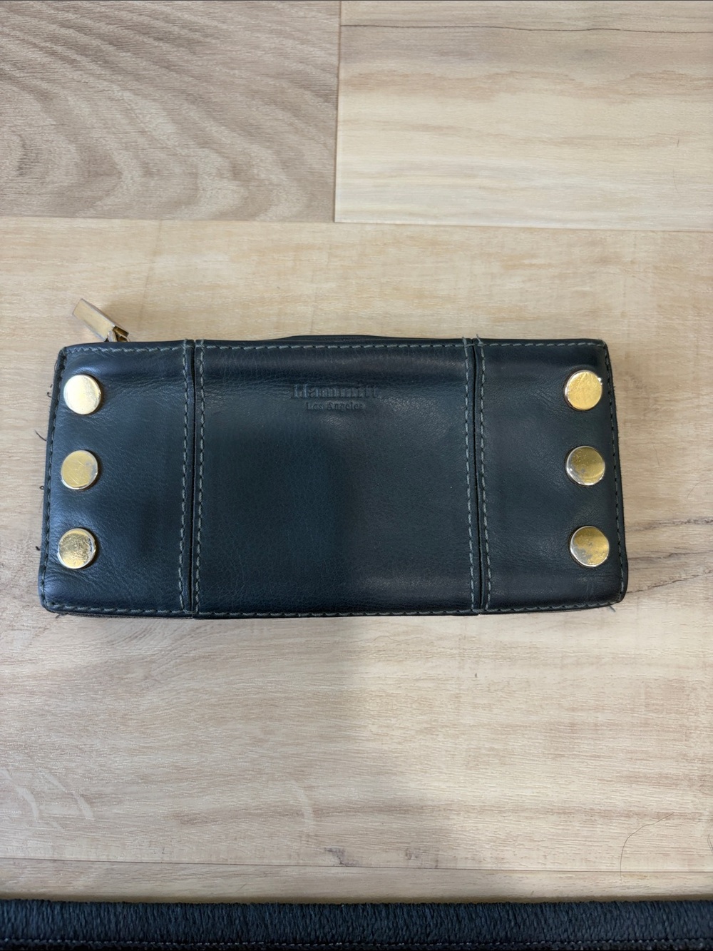 Hammitt Gray Leather 110 North Zip Wallet with Gold Studs
